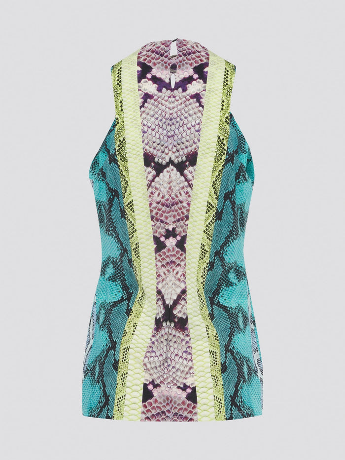 Elevate your everyday style with this bold and fierce Snake Print Keyhole Top by Roberto Cavalli. The exotic print and shimmery finish make it a standout piece for any occasion - from brunch to a night out on the town. Embrace your inner wild side and let this top be the statement piece in your wardrobe.