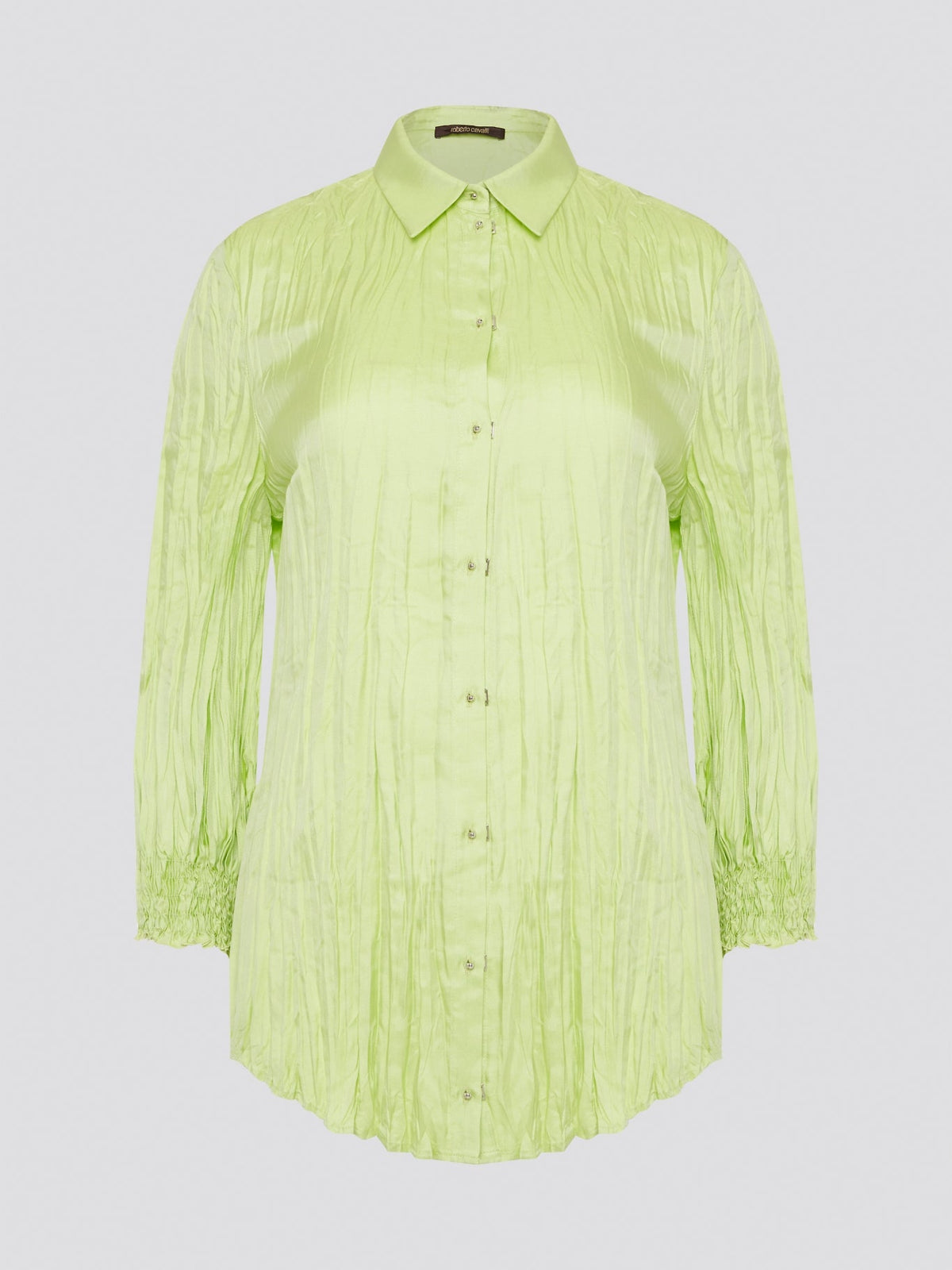 Step into the wild side with this striking green crinkled shirt from Roberto Cavalli. The vibrant hue and unique texture of the fabric will ensure you stand out from the crowd wherever you go. Embrace your fearless fashion sense and unleash your inner style icon with this must-have statement piece.