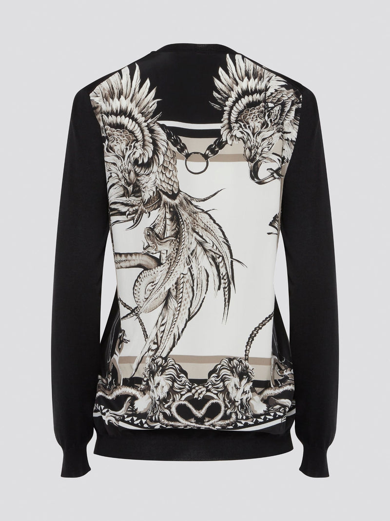 Wrap yourself in sophistication and luxury with the Black Print Panel Cardigan from Roberto Cavalli. This statement piece features a bold print design on the front panels, adding a touch of glamour to any ensemble. Whether layered over a sleek black dress or paired with jeans and a tee, this cardigan is sure to turn heads wherever you go.