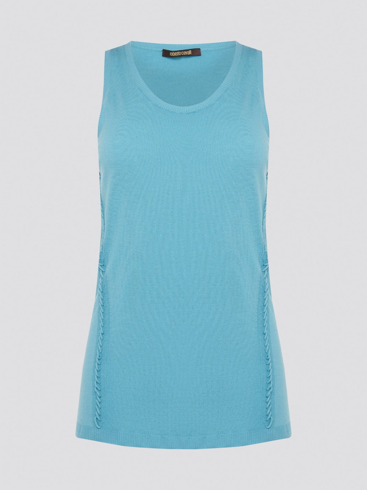 Dive into a sea of luxury with our Blue Sleeveless Top by Roberto Cavalli. Crafted from high-quality materials, this top exudes sophistication and style. Perfect for layering or wearing on its own, this top will elevate any outfit with its stunning blue hue and chic design.