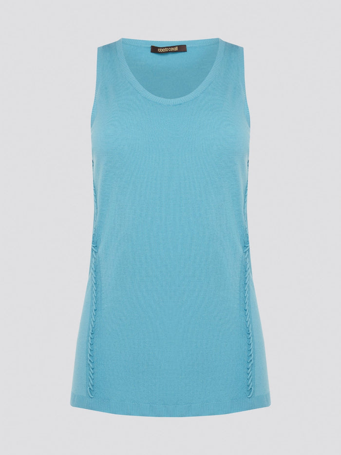 Dive into a sea of luxury with our Blue Sleeveless Top by Roberto Cavalli. Crafted from high-quality materials, this top exudes sophistication and style. Perfect for layering or wearing on its own, this top will elevate any outfit with its stunning blue hue and chic design.