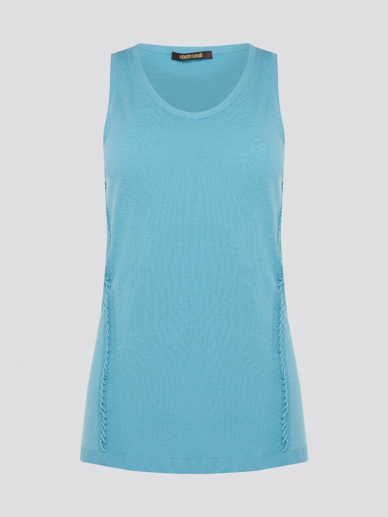 Dive into a sea of luxury with our Blue Sleeveless Top by Roberto Cavalli. Crafted from high-quality materials, this top exudes sophistication and style. Perfect for layering or wearing on its own, this top will elevate any outfit with its stunning blue hue and chic design.