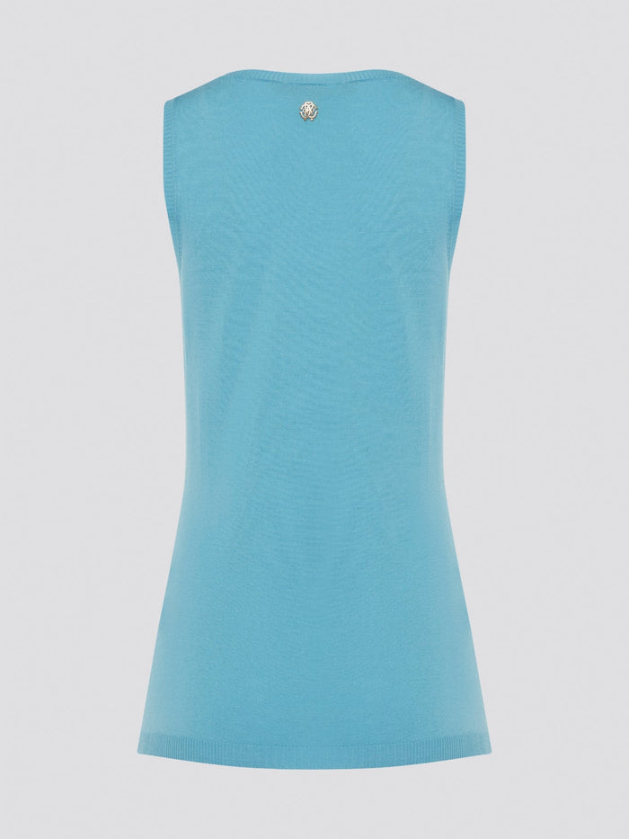 Dive into a sea of luxury with our Blue Sleeveless Top by Roberto Cavalli. Crafted from high-quality materials, this top exudes sophistication and style. Perfect for layering or wearing on its own, this top will elevate any outfit with its stunning blue hue and chic design.