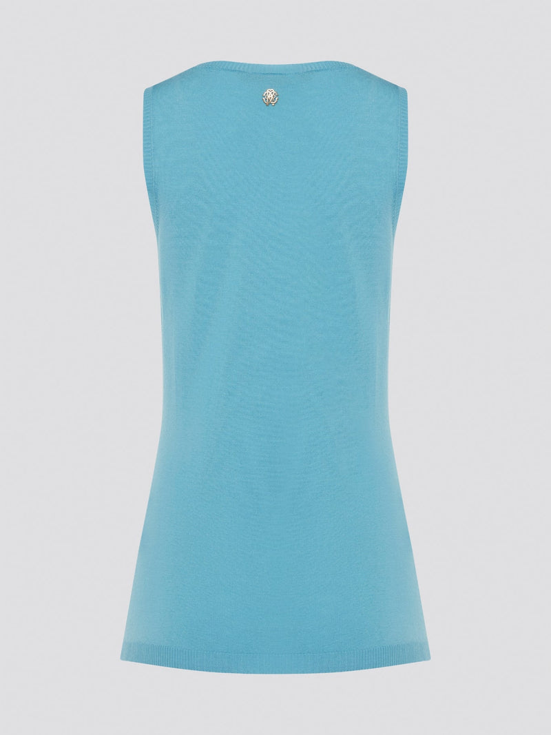 Dive into a sea of luxury with our Blue Sleeveless Top by Roberto Cavalli. Crafted from high-quality materials, this top exudes sophistication and style. Perfect for layering or wearing on its own, this top will elevate any outfit with its stunning blue hue and chic design.