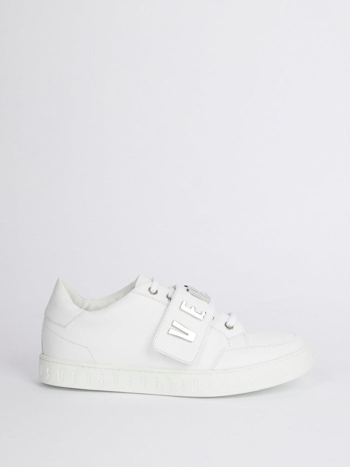 White Low Top Silver Logo Sneakers