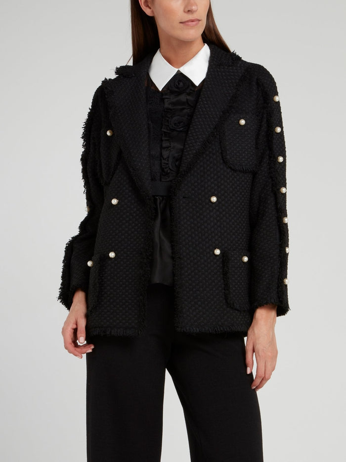 Black Pearl Embellished Frayed Blazer