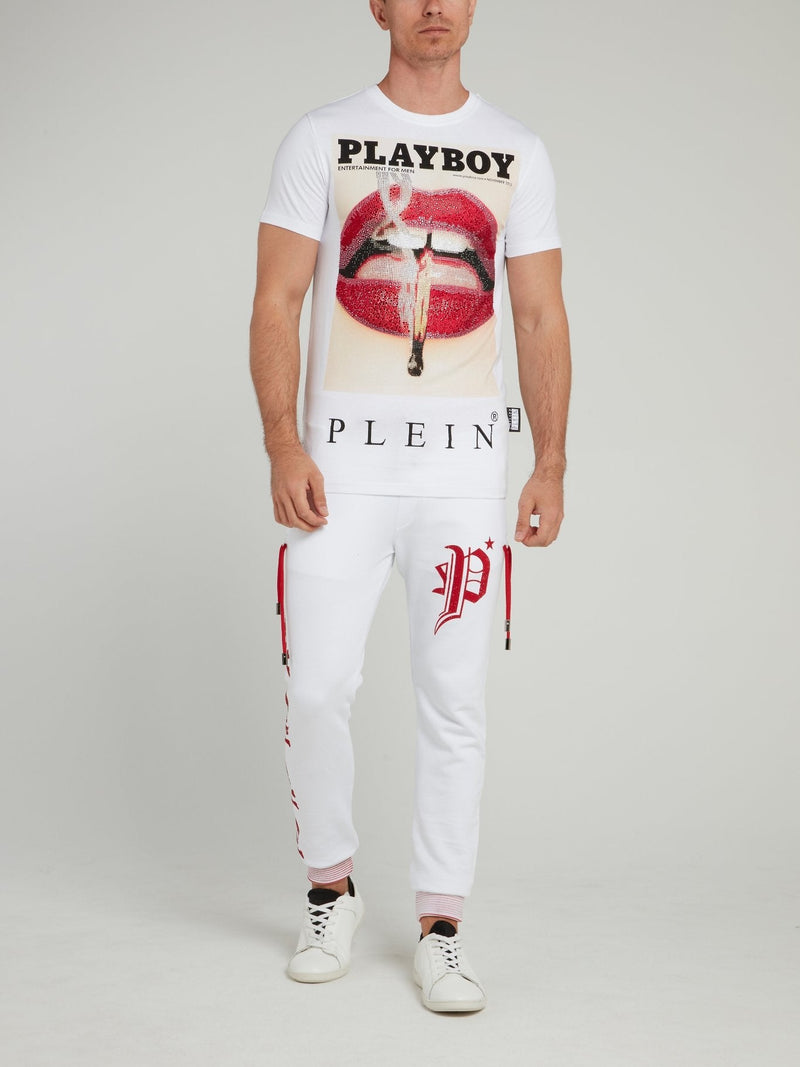 White Playboy Print Round Neck T-Shirt