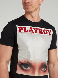 Black Playboy Print Round Neck T-Shirt