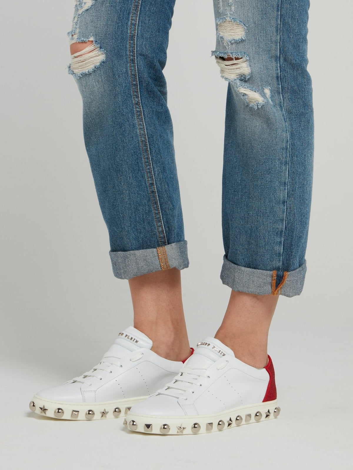 White Embellished Sole Perforated Sneakers