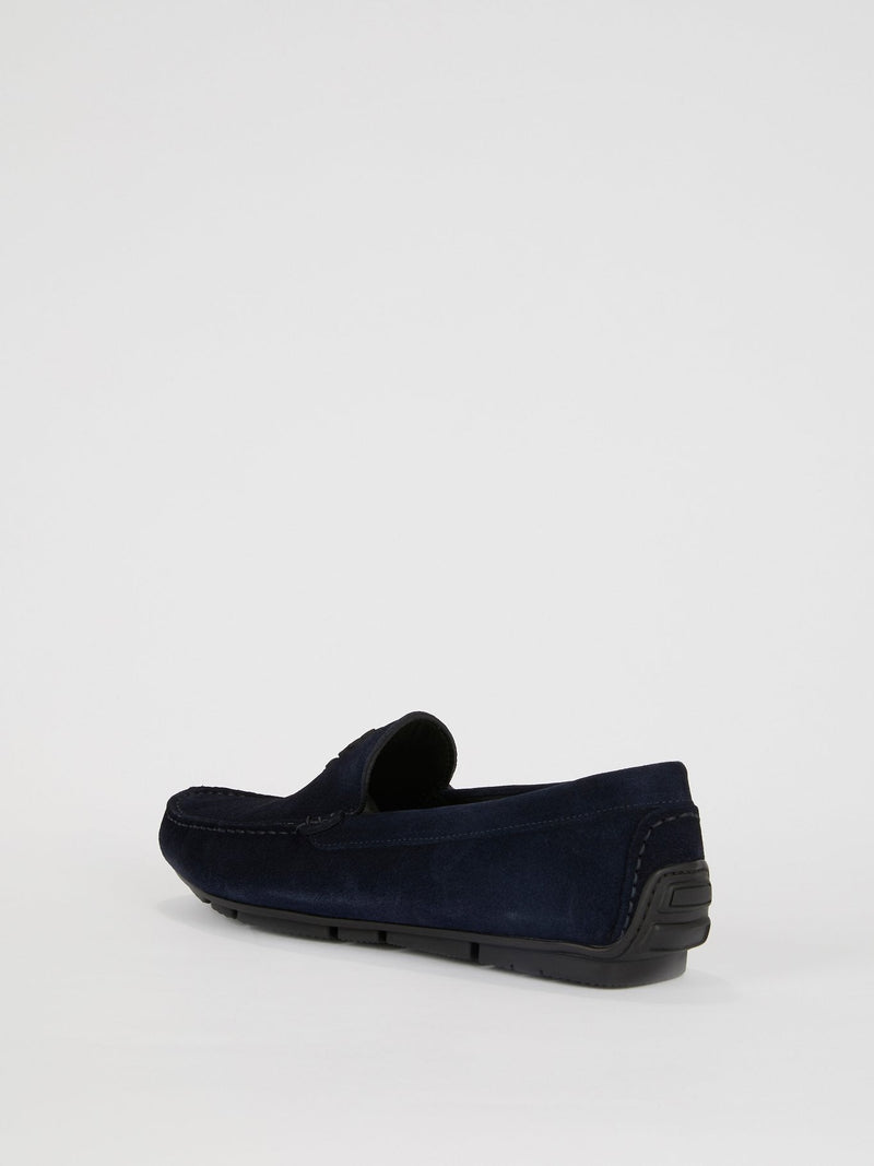 Navy Suede Logo Loafers