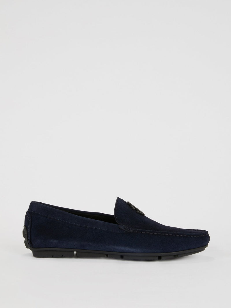 Navy Suede Logo Loafers