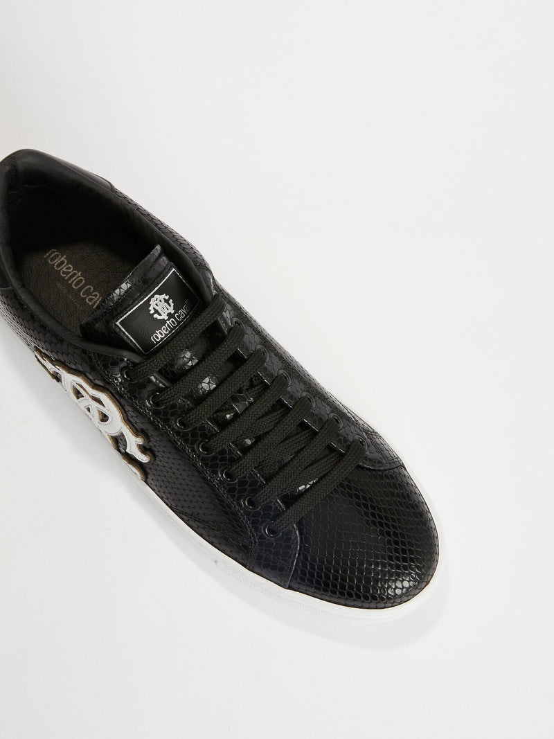 Black Snake Skin Textured Logo Sneakers