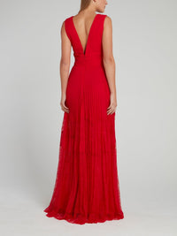 Red Pleated Lace Panel Maxi Dress