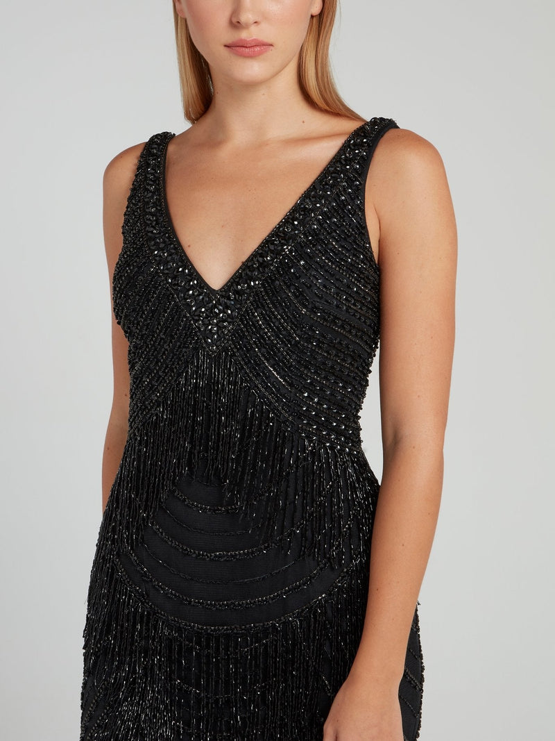 Black Beaded V-Neck Dress