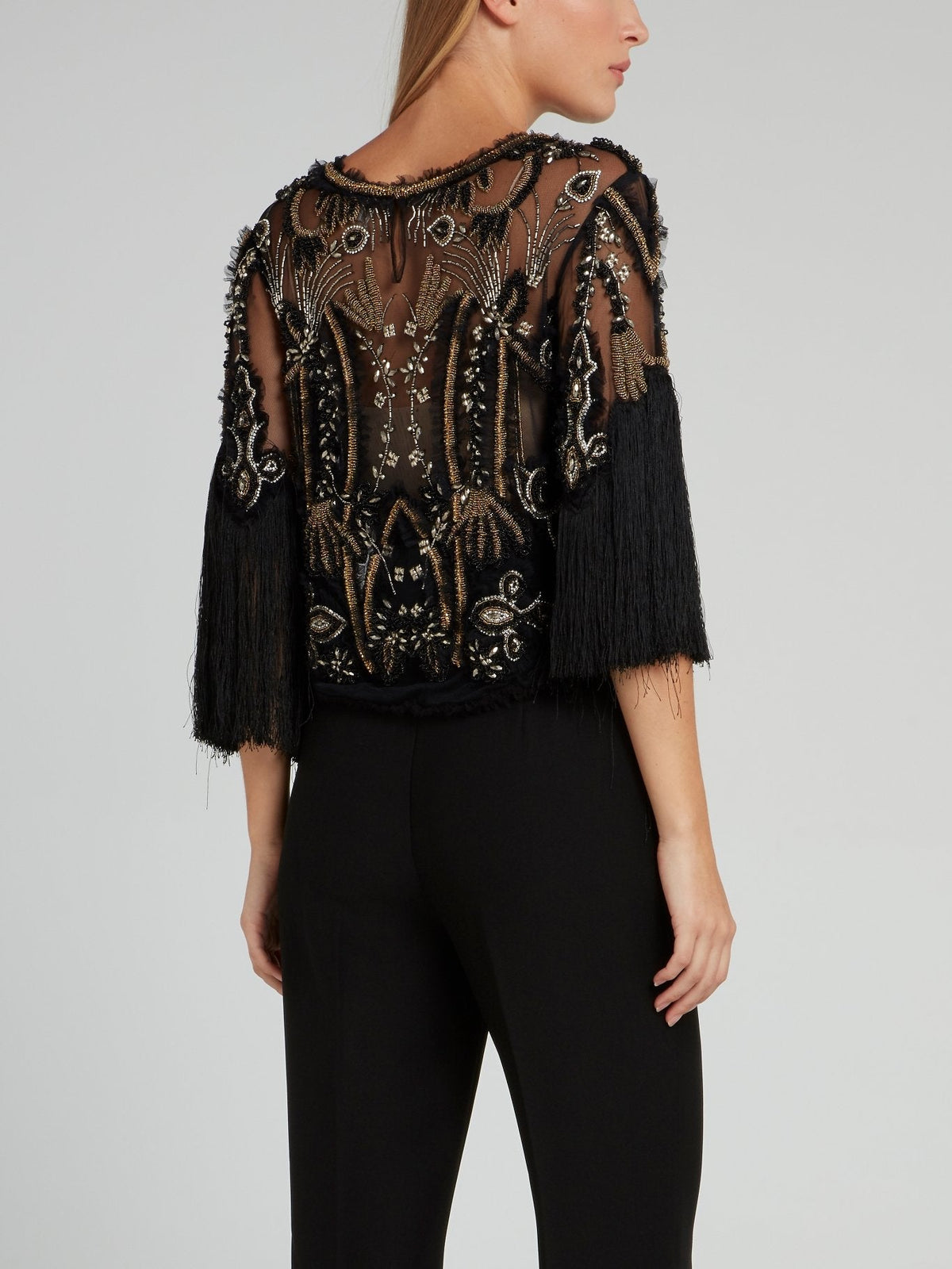 Black Fringe Sleeve Beaded Top