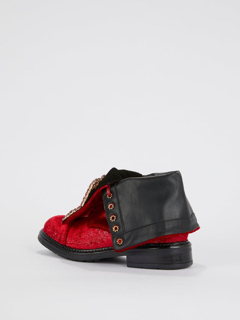 Red Crystal Embellished Combat Boots