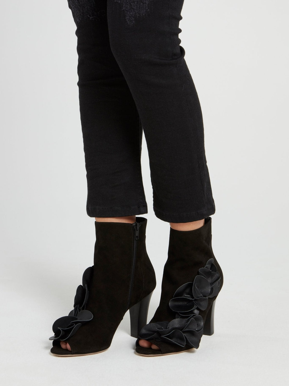 Black Flower Embellished Ankle Boots