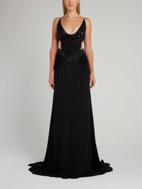 Black Embellished Backless Plunge Maxi Dress