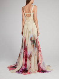 Beige Floral Print Flared Maxi Dress