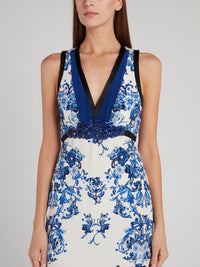 Blue Floral Printed Empire Sheath Dress