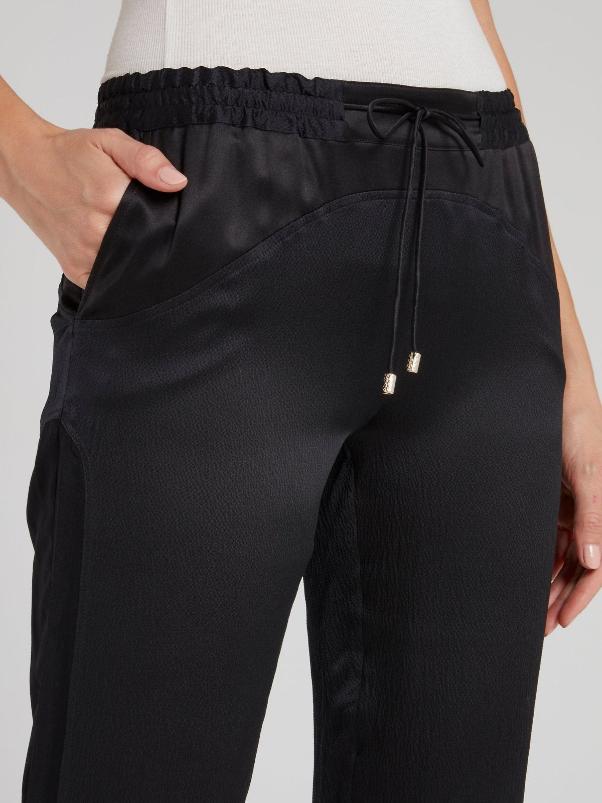 Black Satin Panel Straight Cut Pants