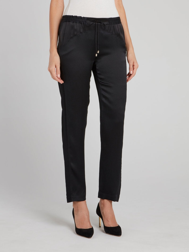 Black Satin Panel Straight Cut Pants