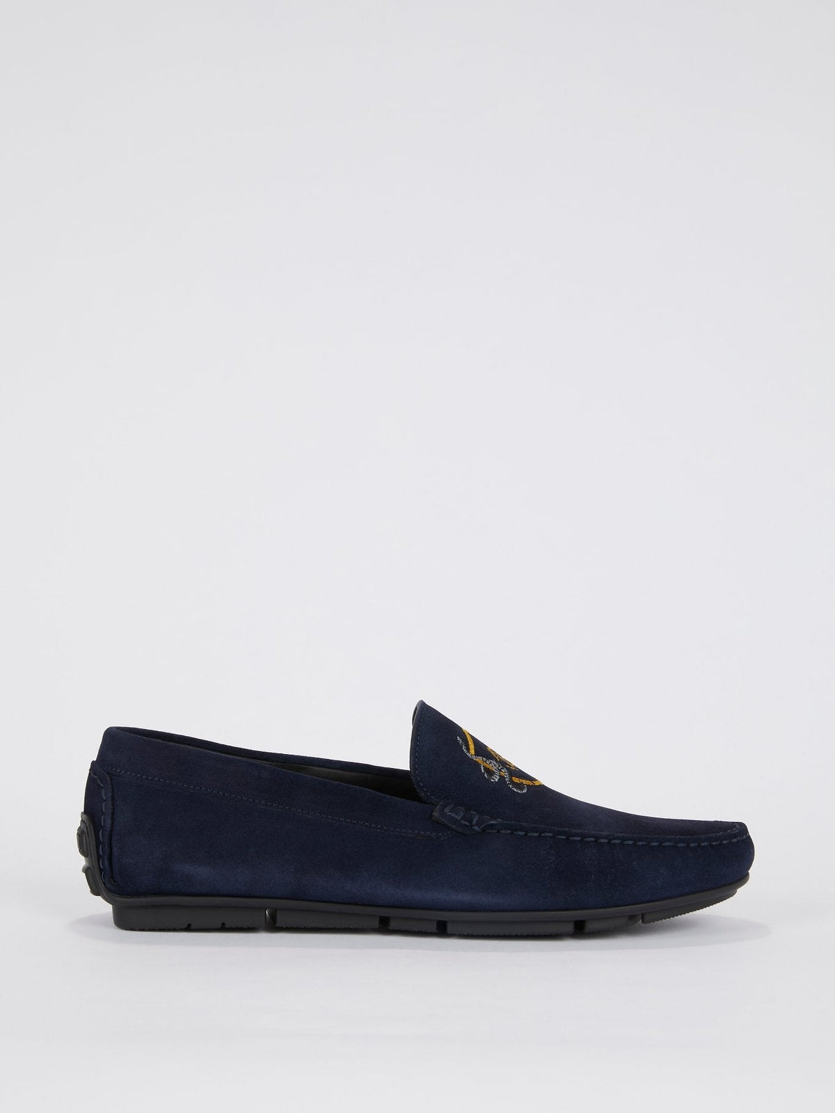 Navy Logo Embroidered Suede Loafers