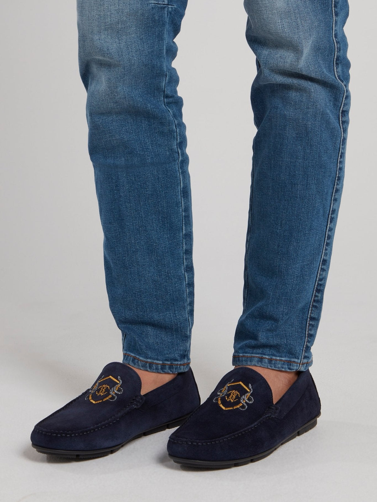 Navy Logo Embroidered Suede Loafers