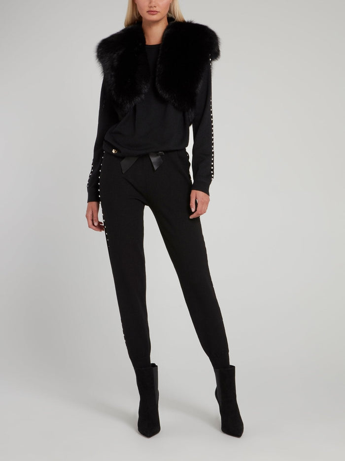 Black Ribbon Detail Pearl Embellished Trousers