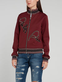 Burgundy Embellished Logo High Neck Jacket