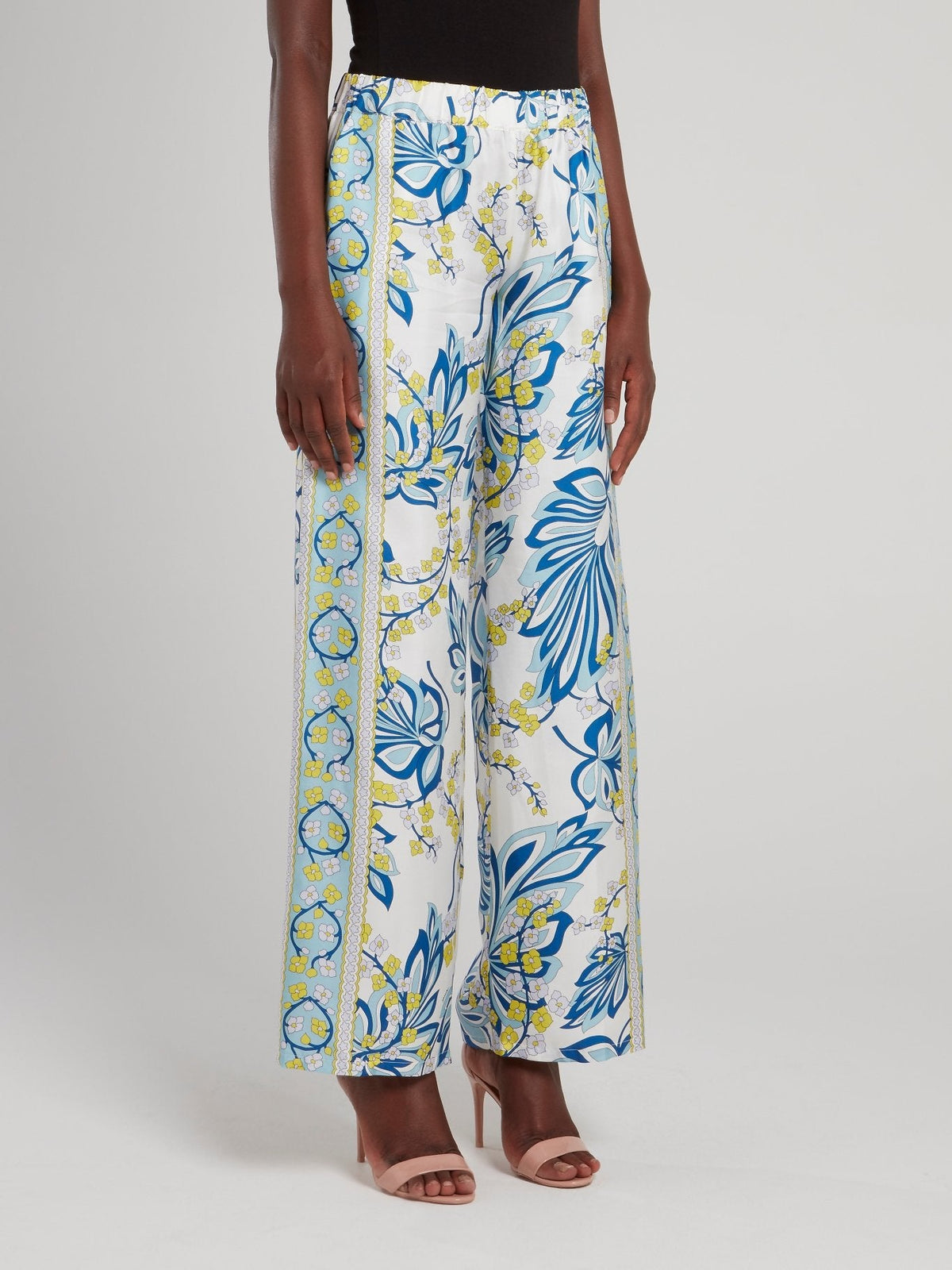 Blue Floral Print Wide Leg Pants