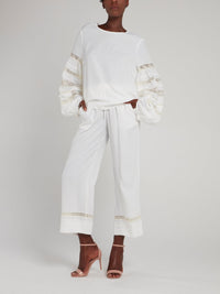 White Lace Panel Lantern Sleeve Top