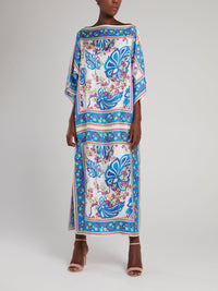 Blue Printed Boat Neck Maxi Dress