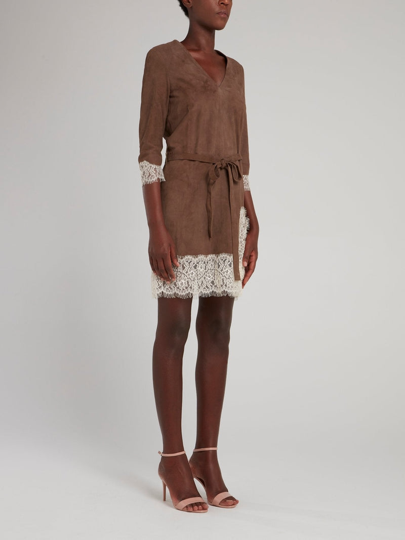 Brown Lace Hem Mini Dress