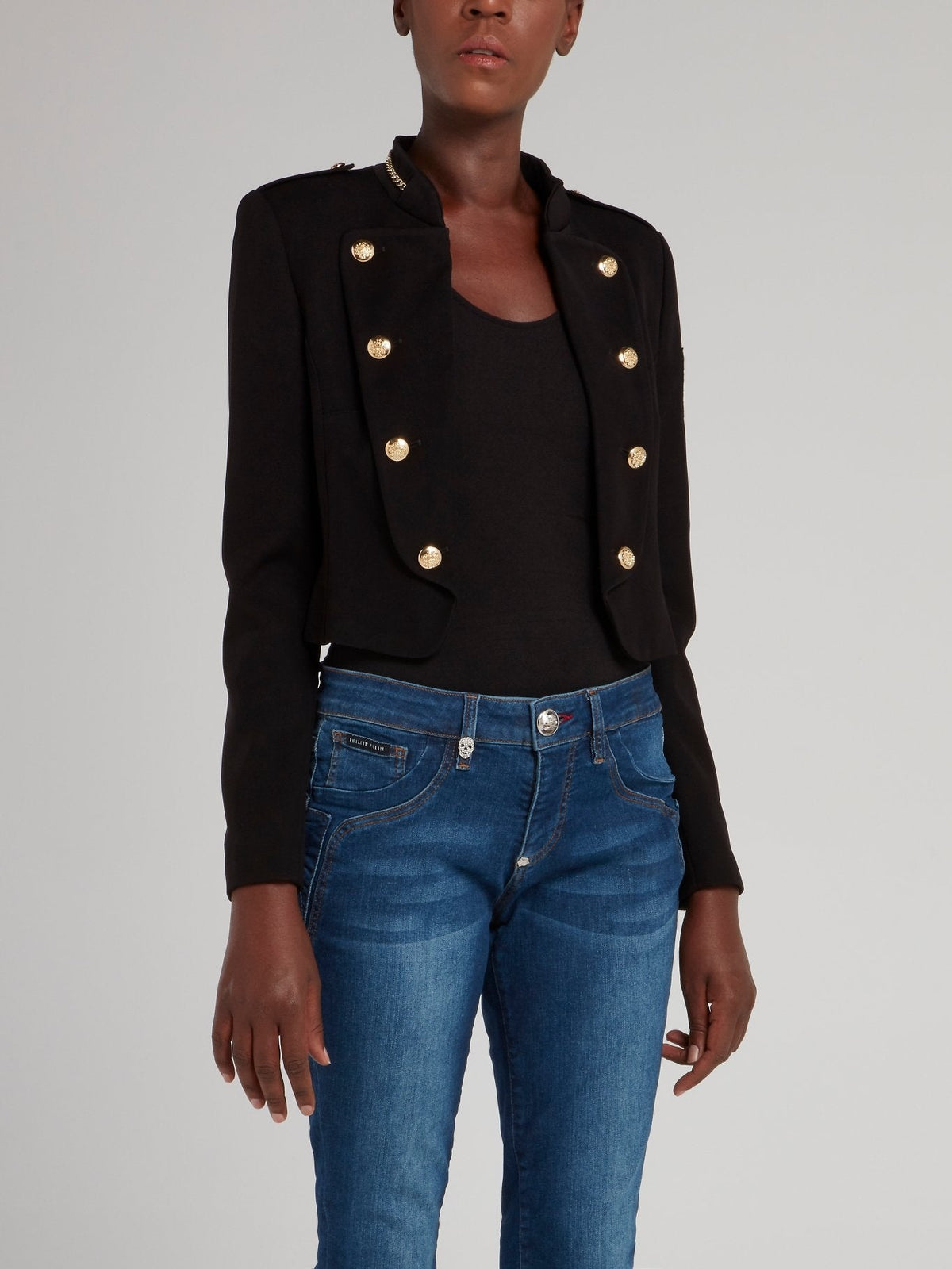 Black Button Embellished Appliquéd Jacket