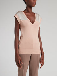 Pink with Silver Panel V-Neck Top