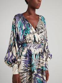 Tropical Print Bishop Sleeve Surplice Dress