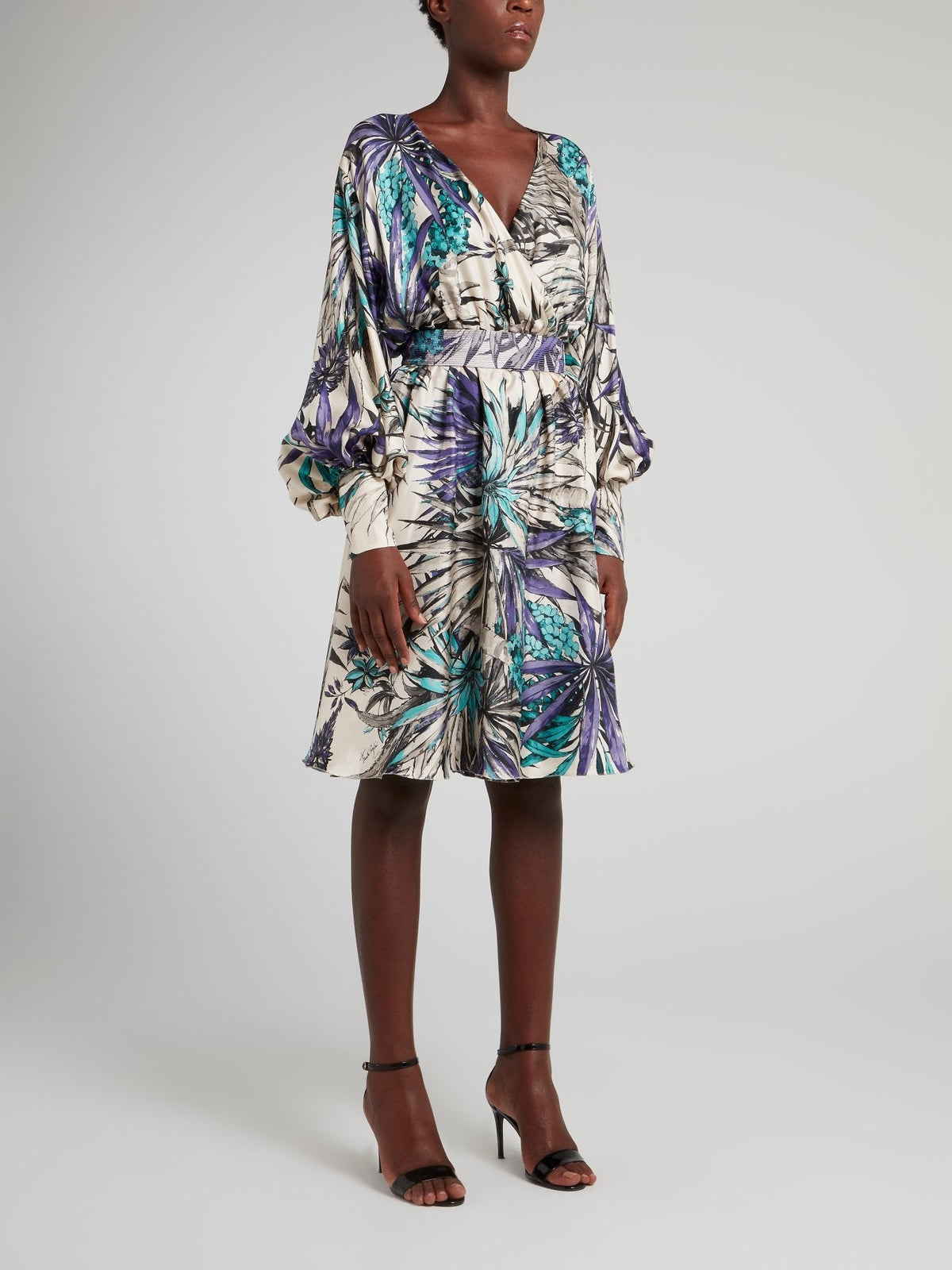 Tropical Print Bishop Sleeve Surplice Dress