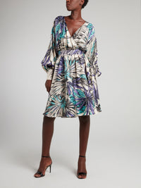 Tropical Print Bishop Sleeve Surplice Dress