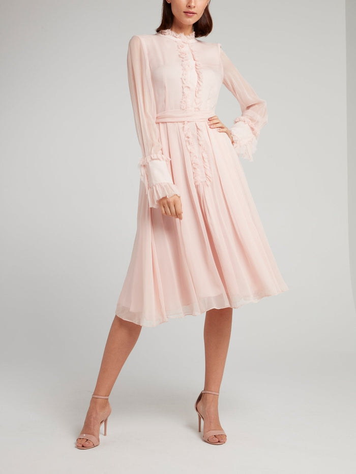 Pink Frill Trim Pleated Midi Dress