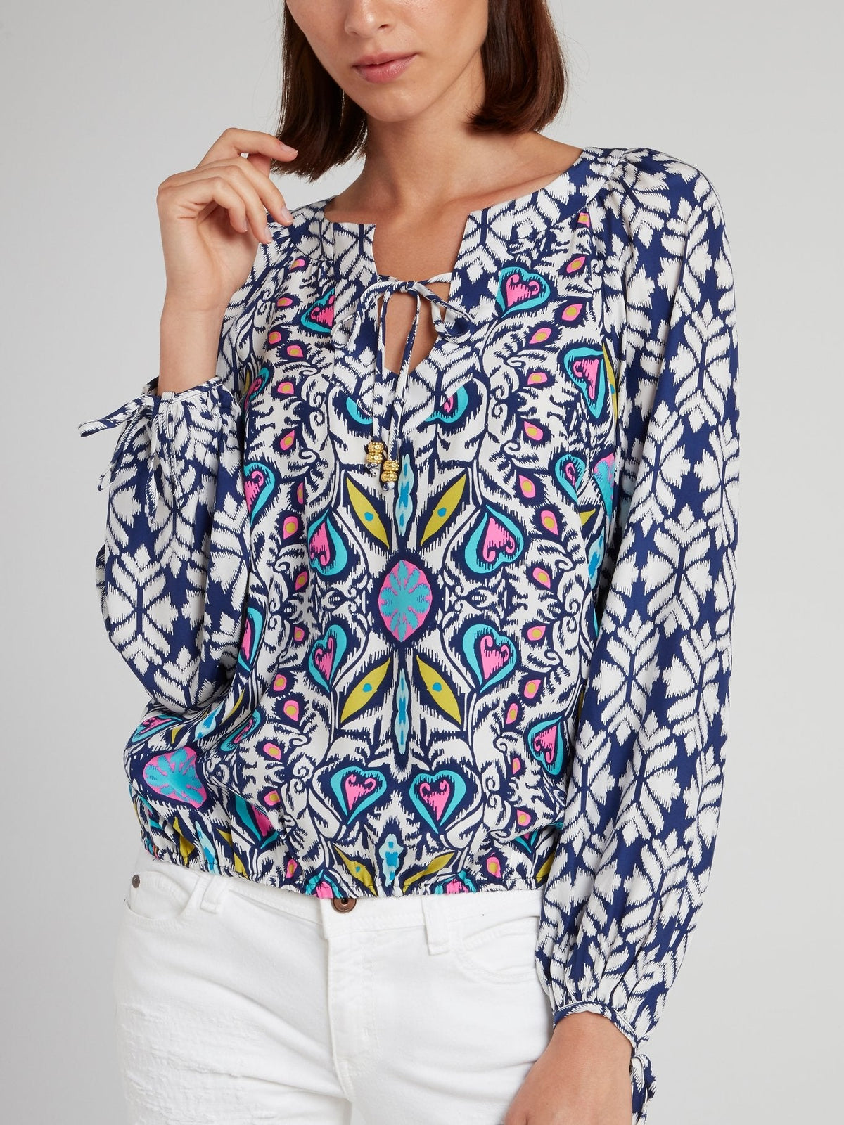 Printed Drawstring Long Sleeve Top