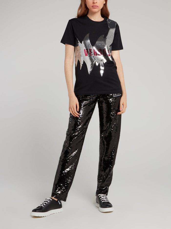 Black Sequin Embellished Logo T-Shirt