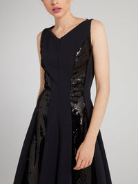 Teresita Black Sequin Panel Midi Dress