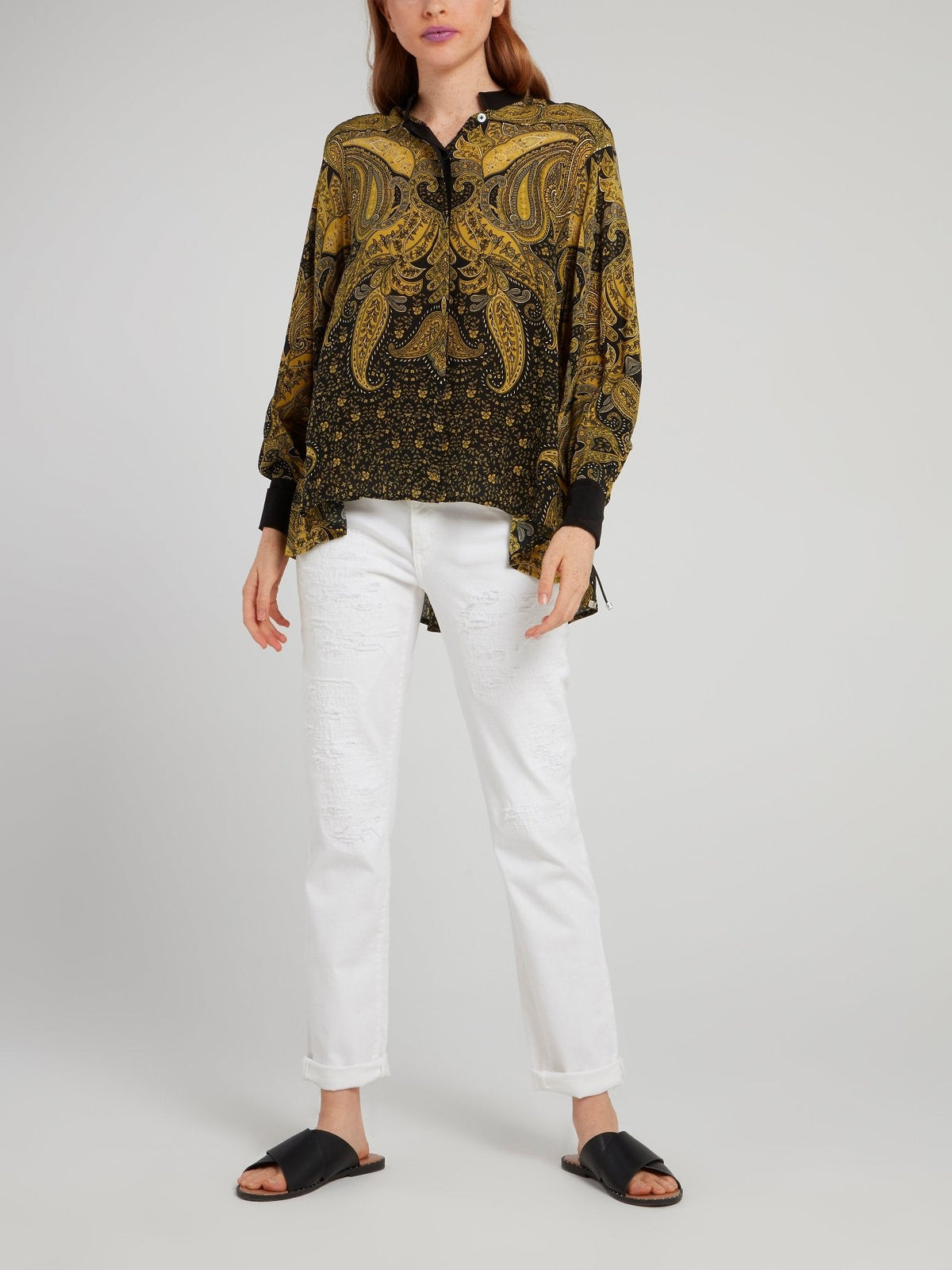 Yellow Baroque Print Crepe De Chine Shirt