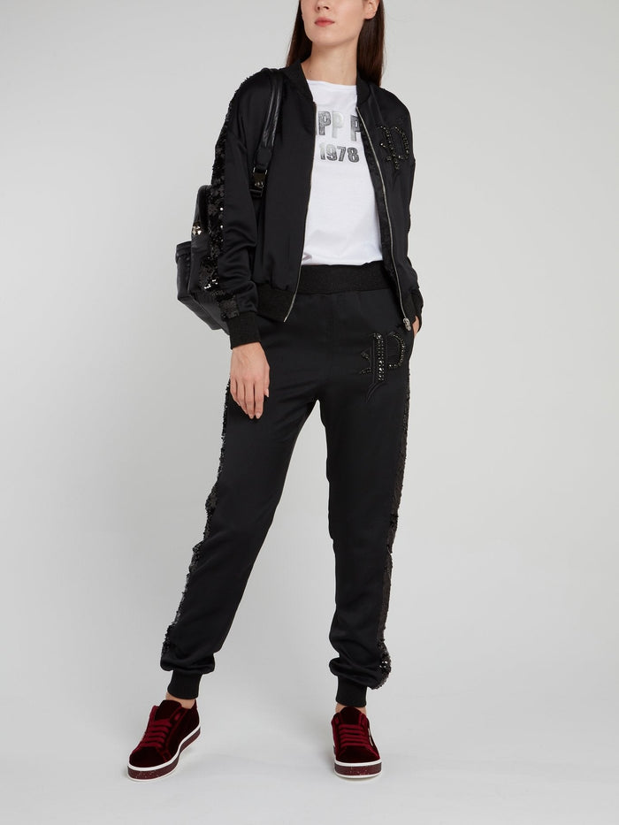 Black Sequin Shoulder Stripe Bomber Jacket