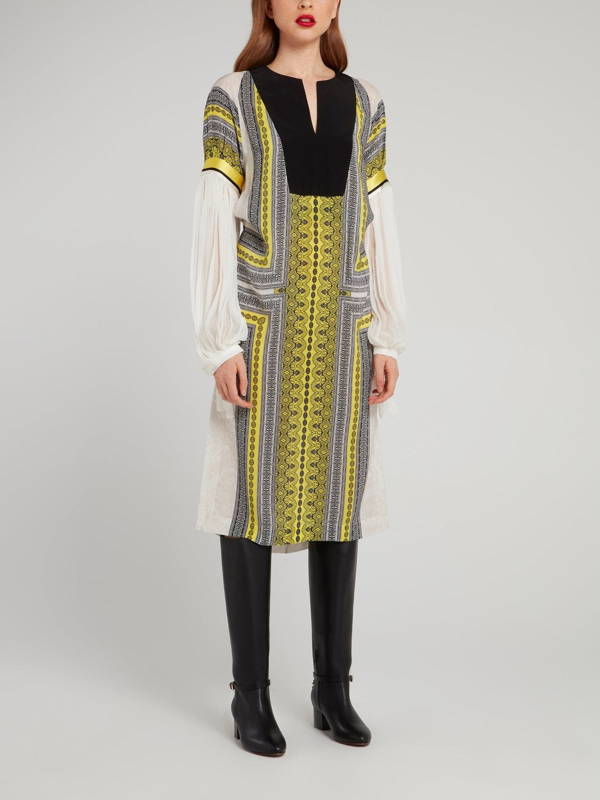 Border Print Bishop Sleeve Midi Dress