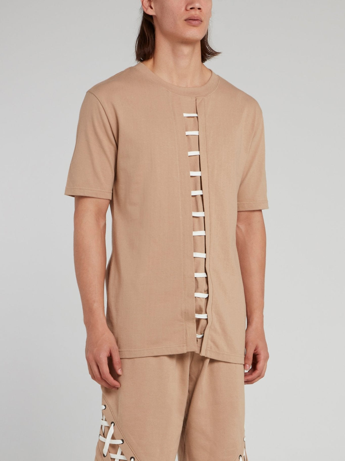 Beige Straight String Panel T-Shirt