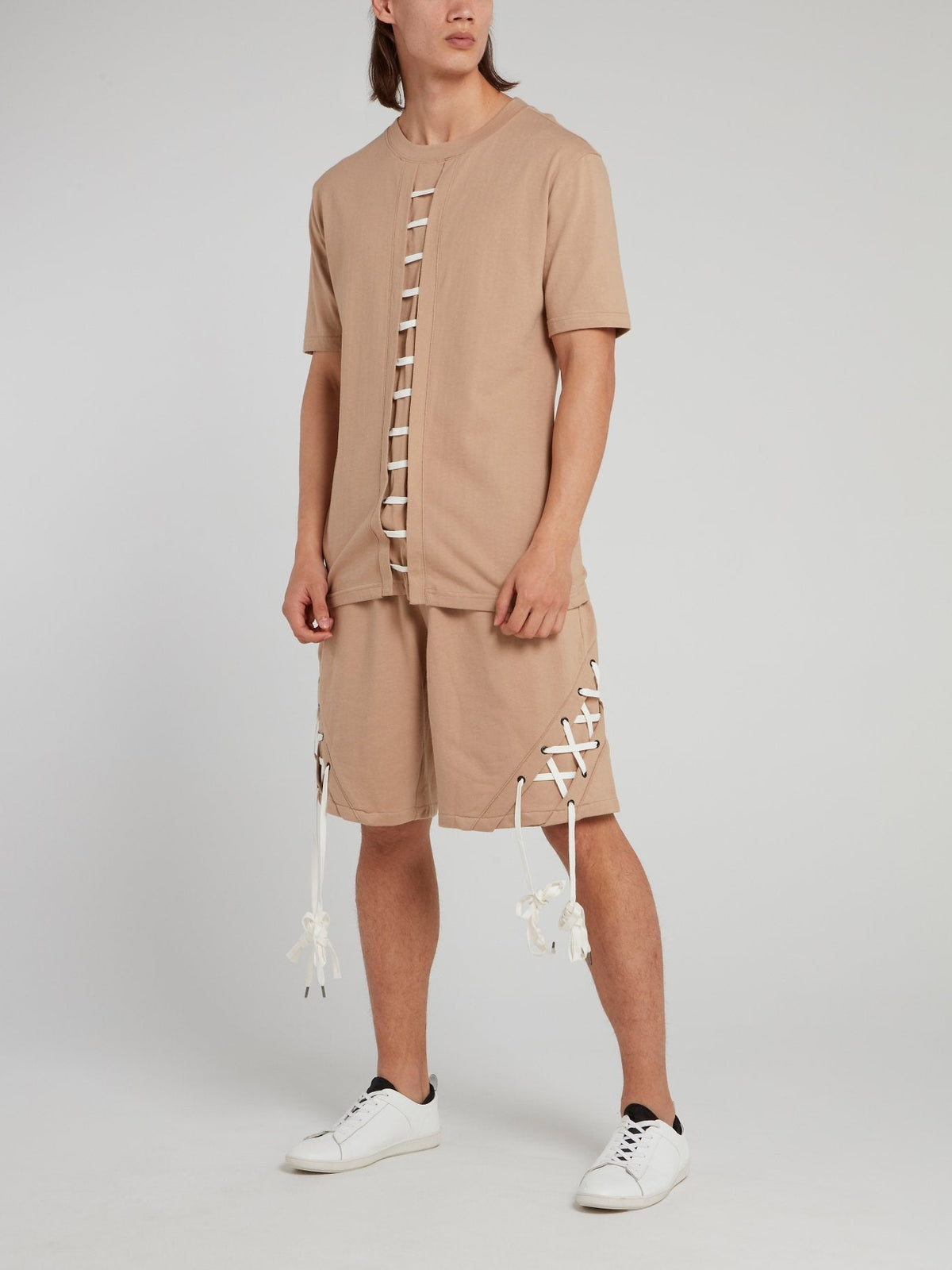 Beige Straight String Panel T-Shirt