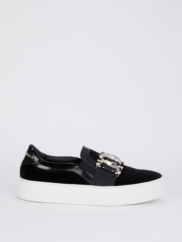 Black Crystal Embellished Slip On Sneakers