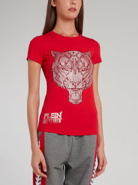 Red Studded Tiger Round Neck T-Shirt